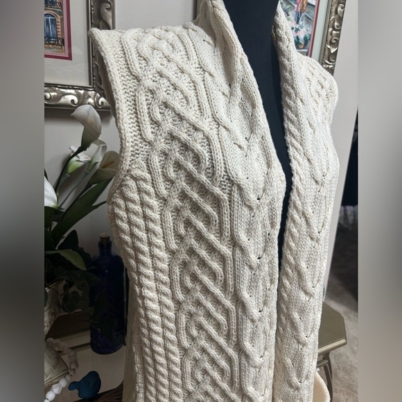 KILRONAN IRELAND KNITWEAR MERINO WOOL CREAM CABLE KNIT OPEN FRONT VEST SZ S-L - Picture 13 of 14